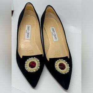 Jimmy Choo Black Flats with Red and Gold Embellishments